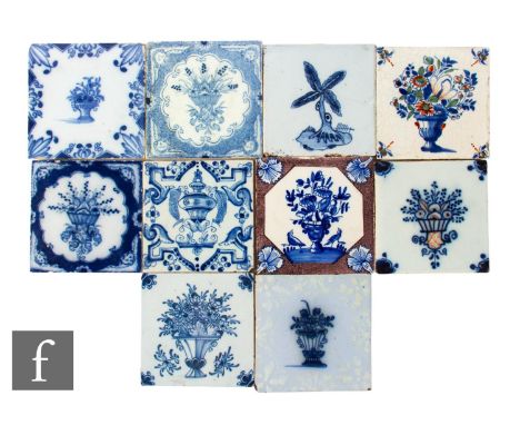 A collection of 18th Century Delft blue and white 5 inch tiles to include Dutch, Liverpool, London and Bristol examples, all 