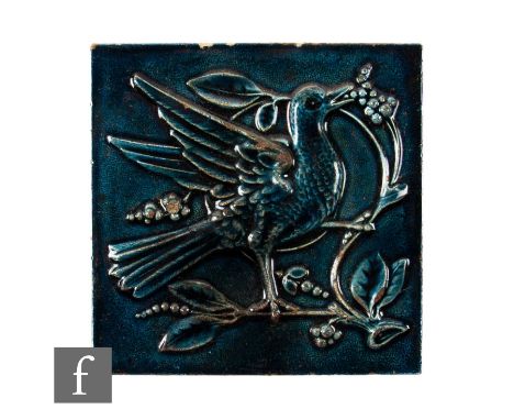 A late 19th Century Malkin Edge &amp; Co 6 inch dust pressed tile, heavily relief moulded with a stylised bird perched on a b