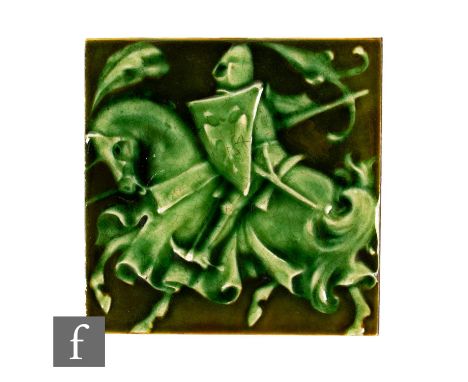 A Pilkington's dust pressed 6 inch tile, from the Knights and Heralds series by J&amp;R Cooper circa 1900, decorated in relie
