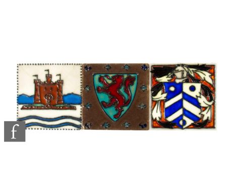 A 1930s Pilkington's 4 inch dust pressed tile, tube line decorated with a turreted castle within dot line borders after desig