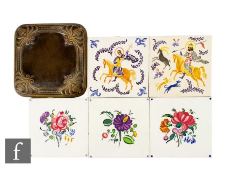 A collection of five Carter Tiles (Poole Pottery) dust pressed 6 inch tiles with screen printed decoration, comprising two fr