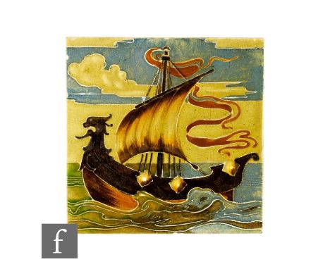 An early 20th Century Carter &amp; Co (Poole) 6 inch dust pressed tile, with faux tube lined decoration of a stylised galleon