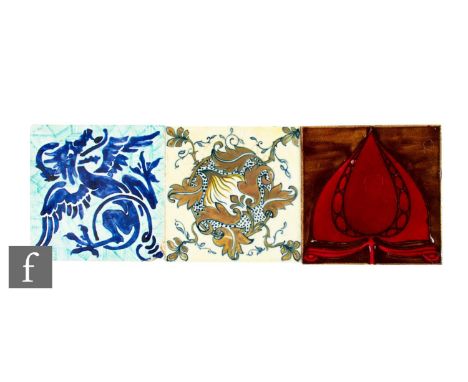 Three 19th Century Craven Dunnill 6 inch dust pressed tiles, to include one with red lustre over white ground, tube lined sty