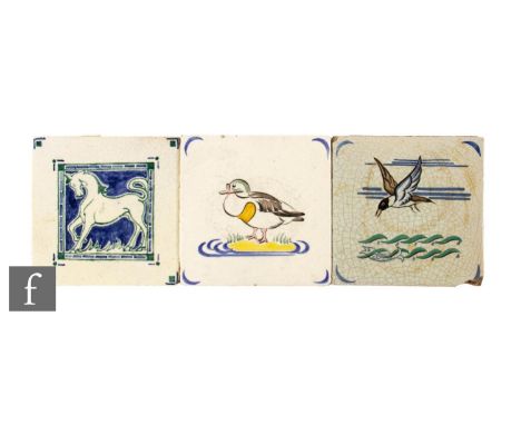 A 20th Century Carter &amp; Co (Poole) 5 inch tile, decorated with a hand painted stylised line drawn horse in green over a b