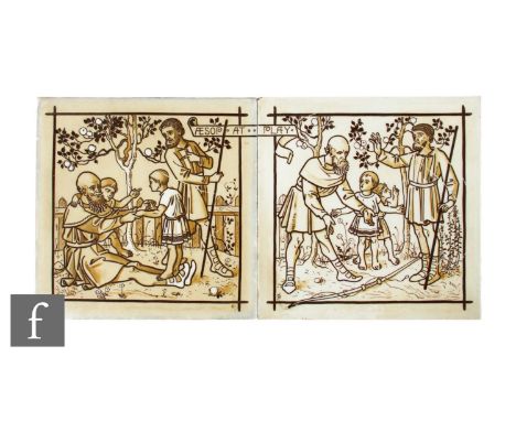 A pair of 19th Century Robert Minton Taylor 8 inch dust pressed tiles, each hand painted as a two tile panel titled 'Aesop at