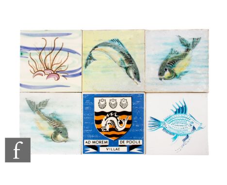 Three 20th Century Dunsmore Tiles dust pressed 6 inch tiles, each handpainted under pitted glaze with swimming fish, on Minto