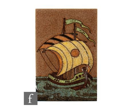 A 20th Century Maw &amp; Co Ltd 9 by 6 inch dust pressed tile, with embossed and tube lined Viking ship, decorated in tonal b