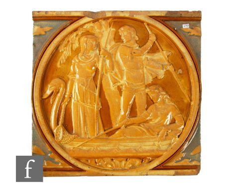 A large 19th Century plastic clay architectural panel of square section, the central roundel relief moulded with a man and tw