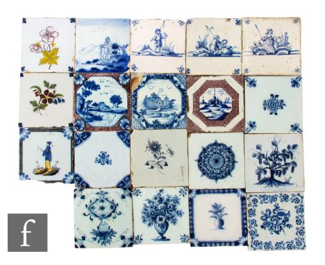 A collection of 18th Century Delft blue and white 5 inch tiles to include Dutch, Liverpool, London and Bristol examples, all 