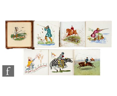 A collection of 20th Century 6 inch dust pressed tiles, one in wooden trivet frame, printed and painted over white ground, de