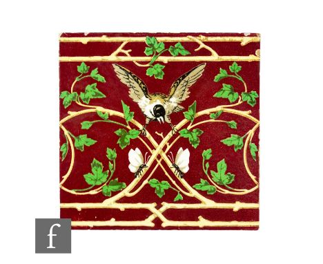 A 19th Century Mintons China Works 8 inch dust pressed tile decorated in the manner of Dr Christopher Dresser with a transfer