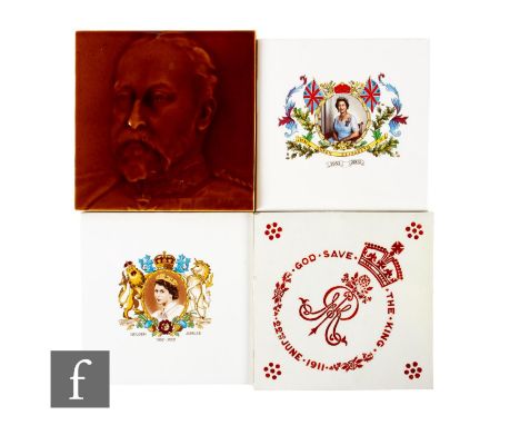 A collection of 20th Century 6 inch dust pressed royalty themed tiles, comprising a TG&amp;F Booth tile produced for the coro