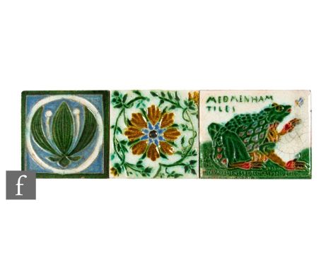 An early 20th Century Medmenham 4 inch x 5 inch advertising tile, relief decorated with a frog catching a fly picked out in e