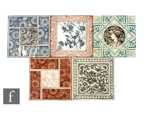 A collection of five dust pressed 6 inch tiles, each with transfer printed decoration with a central image within a patterned