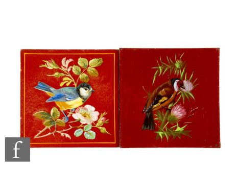 A Minton Hollins &amp; Co 6 inch dust pressed brown clay tile, hand painted in enamels with a stylised blue tit perched on a 