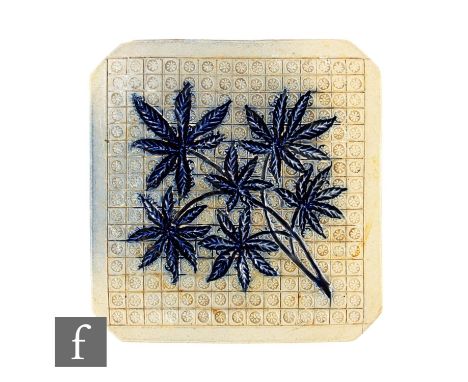 A large 19th Century 7.5 inch square plastic clay tile by Robert Wallace Martin, Martin Brothers, decorated with a spray of l