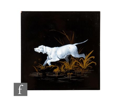 A 19th Century Minton Hollins &amp; Co 8 inch dust pressed tile, the body hand decorated with a gun dog in pate sur pate tech