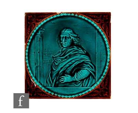 A 19th Century Minton Hollins &amp; Co 8 inch dust pressed tile, relief moulded with a portrait of a gentleman in court dress