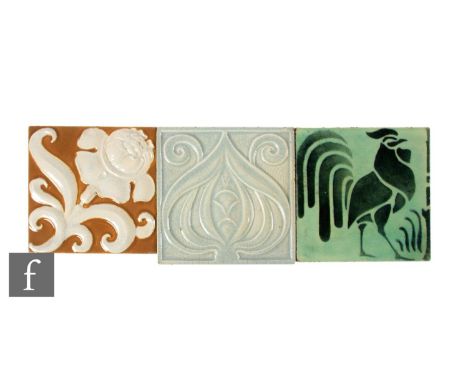 An early 20th Century heavy dust pressed tile by Doulton, relief moulded with a stylised Art Nouveau seed pod design under a 