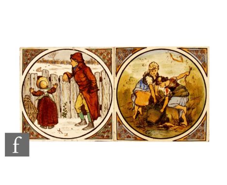A T.G. &amp; F. Booth dust pressed 6 inch tile, transfer printed and hand coloured under glaze with a roundel featuring an im