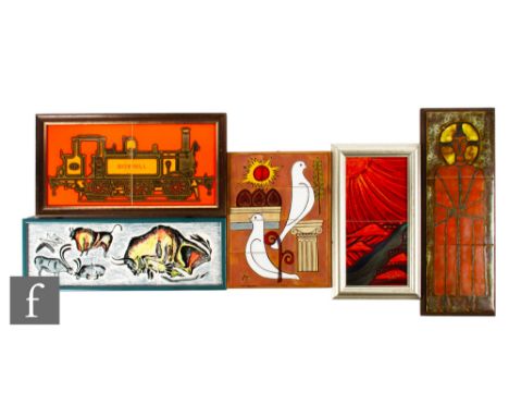A collection of 20th Century artist designed tile panels to include a three tile panel of a Celtic saint by Maria Geurten, a 