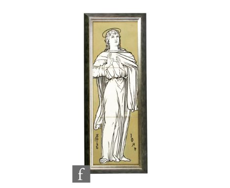 A late 19th Century Wedgwood three tile panel formed from three 6 inch dust pressed tiles, all hand painted with a depiction 