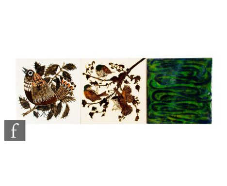 A 20th Century H &amp; R Johnson Ltd 8 inch dust pressed tile, with faux tube lined decoration depicting a stylised bird perc