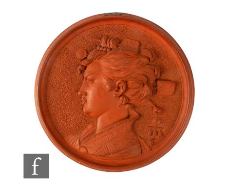 A large 19th Century terracotta clay wall plaque of circular section, modelled in relief with a portrait of a Japanese Geisha