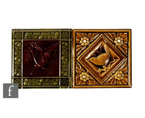 An early 20th Century Gibbons, Hinton &amp; Co 6 inch dust pressed tile, deeply relief moulded with a wren on a branch within