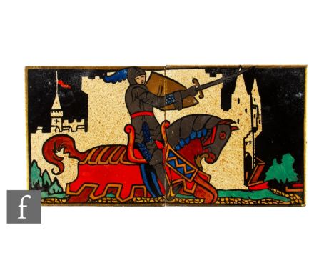 A pair of 1930s Ternhill T. R. B. Ltd 5 inch dust pressed tiles, hand painted with a jousting knight on horseback before a ca