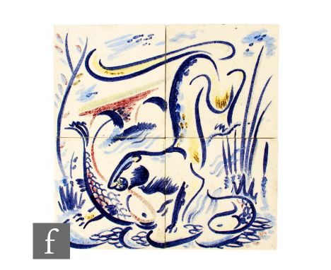A 20th Century 6 inch dust pressed four tile panel, Packard &amp; Ord for Carter &amp; Co (attributed), hand painted in tonal