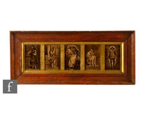 A set of five early 20th Century Sherwin &amp; Cotton&nbsp;Emaux Ombrants relief moulded tiles, each depicting a different sc