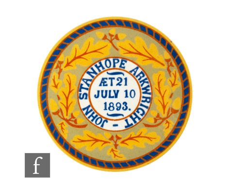 A 19th Century Godwin's Tile circular commemorative tile panel, with encaustic decoration, inscribed 'John Stanhope Arkwright