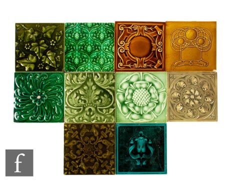 A collection of 19th Century 6 inch dust pressed embossed floral tiles to include examples from Photo Decorated Tile Co, Mint