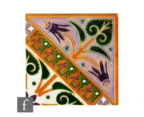 A 20th Century Minton's 6 inch dust pressed tile, decorated in the manner of Dr Christopher Dresser, with relief moulded flor