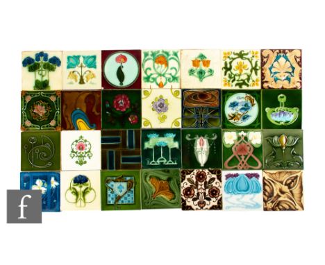 A quantity of 19th Century 6 inch dust pressed floral patterned tiles, transfer printed, embossed and faux tube lined decorat