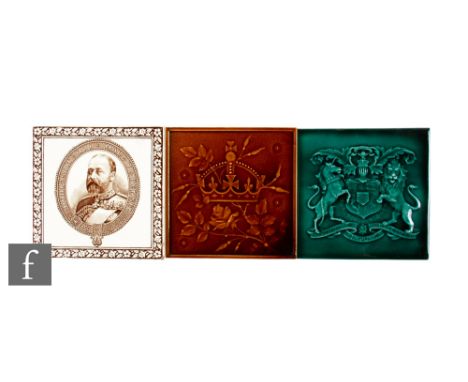 An early 20th Century Wedgwood 6 inch dust pressed teapot stand tile, transfer printed as a coronation commemorative for King