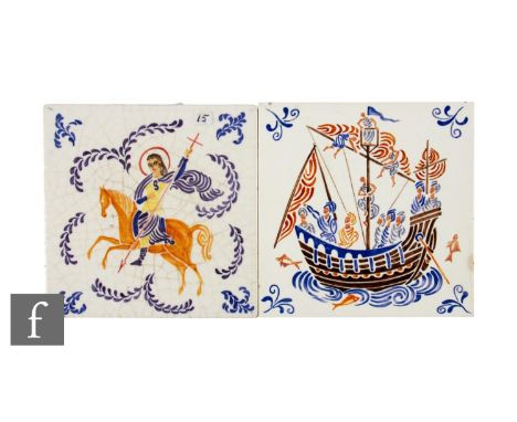 A 20th Century Pilkington's 6 inch dust pressed tile, hand painted in colour glazes over a white ground with figures on a sai