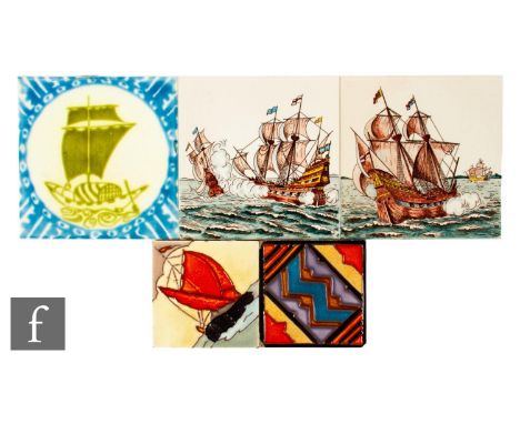 A collection of 20th Century dust pressed tiles with printed and painted decoration, to include a pair of H &amp; R Johnson L