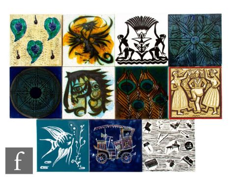 A collection of ten 20th Century dust pressed 6 inch tiles, to include a Richards tile printed overglaze with Enid Sweeney's 