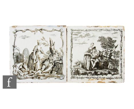 An 18th Century 5 inch tile by Sadler &amp; Green of Liverpool, transfer printed with street scene titled Overturned Milk Pai