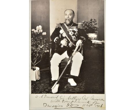 *Ito (Hirobumi, 1841-1909). Full-length portrait signed, 1906,  gelatin silver print showing Prince Ito seated and wearing fu