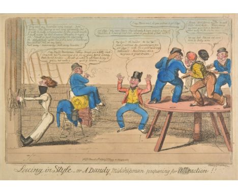 *Cruikshank (George). Lacing in Style - or a Dandy Midshipman preparing for action, published T. Tegg, 1819, The Scotch Cotta