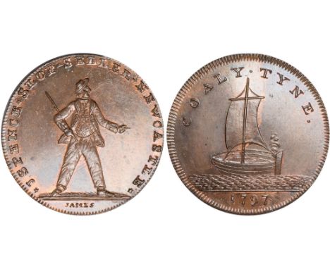 Tokens, British, Northumberland, Newcastle, halfpenny, sailor holding stick, SLOP-SELLER, rev. barge, 1797 (DH.4), good extre