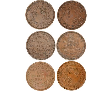 Tokens, Australia, Stokes, Thomas, Melbourne [die sinker and engraver], copper pennies (2), 1862, legend, rev. IN VINO VERITA
