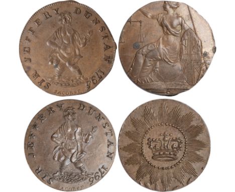 Tokens, British, Surrey, Lambeth, Denton, mule farthings (2), 1795, Sir Jeffrey Dunstan, revs. Britannia holding scales (DH.2