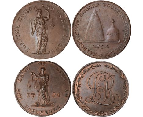 Tokens, Ireland, Co. Dublin, Dublin (8): Talbort Fyan, halfpenny, 1794, Justice, rev. sugar loaf and brandy bottle (DH.308); 