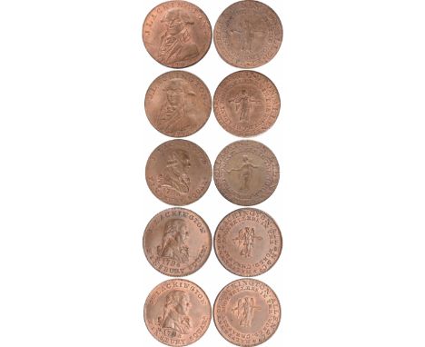 Tokens, British, Middlesex, Lackington, Allen & Co., halfpennies (5), 1794, bust of Lackington l., three-quarters facing (2 -