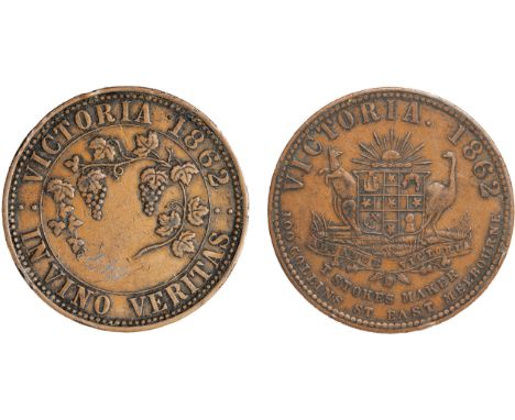 Tokens, Australia, Stokes, Thomas, Melbourne [die sinker and engraver], copper penny, 1862, Australian Arms with kangaroo and