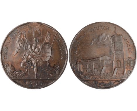 Tokens, British, Middlesex, Hackney, David Alves Rebello, penny, 1796, the Church, gravestones in foreground, I Milton F in e